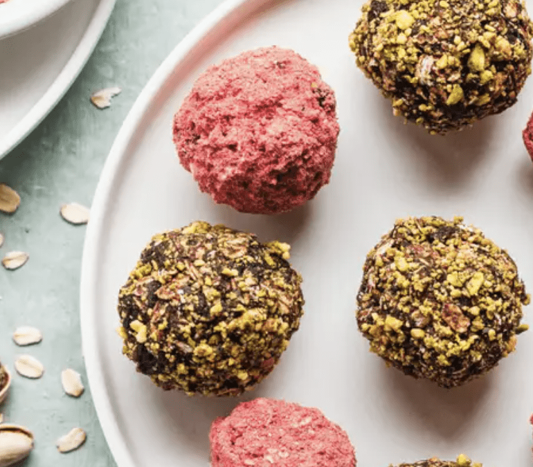 Valentine’s Day Treats: Chocolate Pistachio Mint and Strawberry Rose Bliss Balls